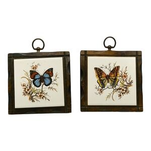 Pair Of Vintage Jerry Schultz Wood w/Ceramic Tile Butterfly Wall Hanging Trivets
